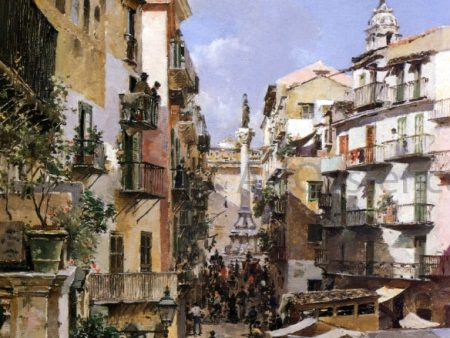 A Busy Thoroughfare, Palermo, Sicily by Federico Del Campo - Hand-Painted Oil Painting on Canvas Online now