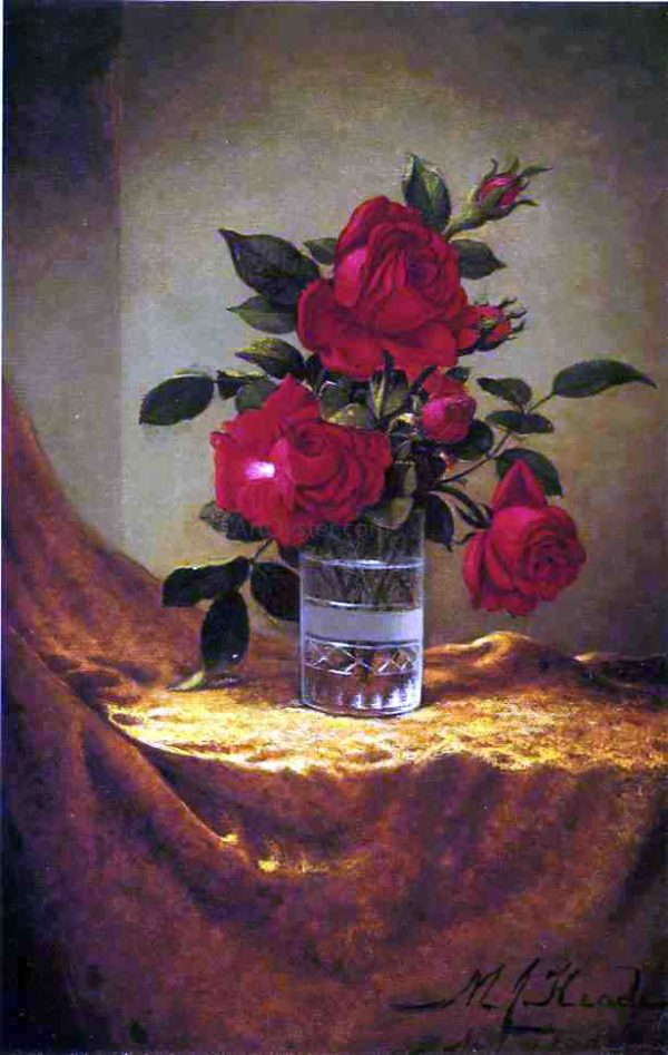 A Glass of Roses on Gold Cloth by Martin Johnson Heade - Hand-Painted Oil Painting on Canvas For Discount