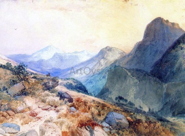 A Deer in a Mountain Landscape by Thomas Moran - Hand-Painted Oil Painting on Canvas Sale