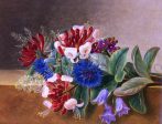 A Still Life with Honeysuckle, Blue Cornflowers and Bluebells on a Marble Ledge by Johan Laurentz Jensen - Hand-Painted Oil Painting on Canvas on Sale