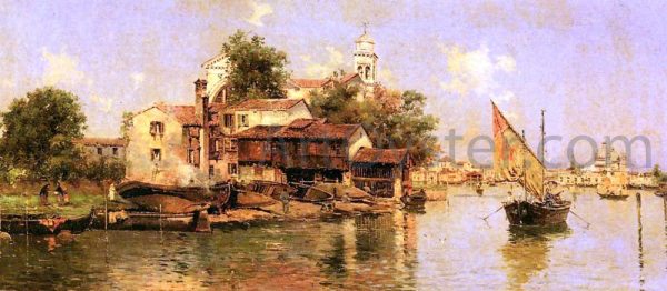 A Boathouse in Venice by Antonio Maria De Reyna - Hand-Painted Oil Painting on Canvas For Cheap