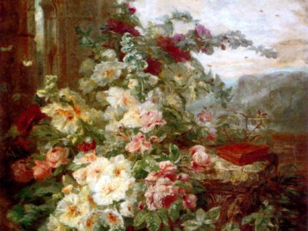 A Book on a Plinth by a Rose Bush at the Ruins by Simon Saint-Jean - Hand-Painted Oil Painting on Canvas Sale