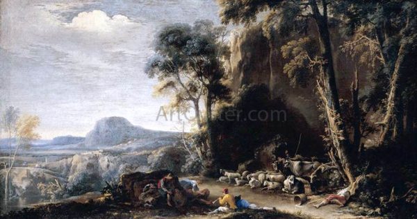 Wooded Landscape by Salvator Rosa - Hand-Painted Oil Painting on Canvas For Sale