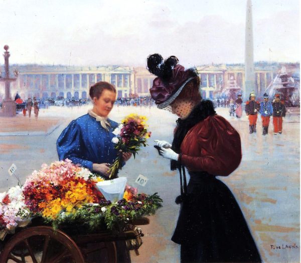 A Flower Merchant, Place de la Concorde, Paris by Fernand De Launay - Hand-Painted Oil Painting on Canvas For Sale