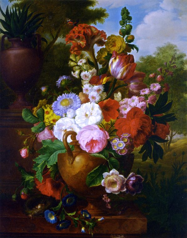 A Flower Still Life with Roses Tulips Peonies and other Flowers in a Vase by Cornelis Van Spaendonck - Hand-Painted Oil Painting on Canvas on Sale