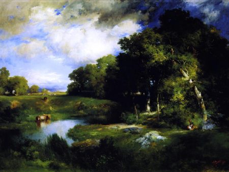 A Pastoral Landscape by Thomas Moran - Hand-Painted Oil Painting on Canvas Hot on Sale