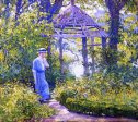 A Girl in a Wickford Garden, New England by Guy Orlando Rose - Hand-Painted Oil Painting on Canvas For Sale