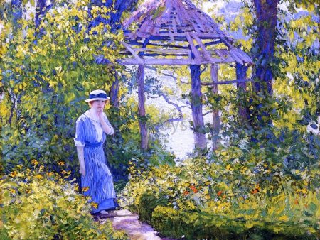 A Girl in a Wickford Garden, New England by Guy Orlando Rose - Hand-Painted Oil Painting on Canvas For Sale