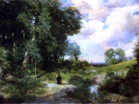 Young Girl in a Long Island Landscape by Thomas Moran - Hand-Painted Oil Painting on Canvas Hot on Sale